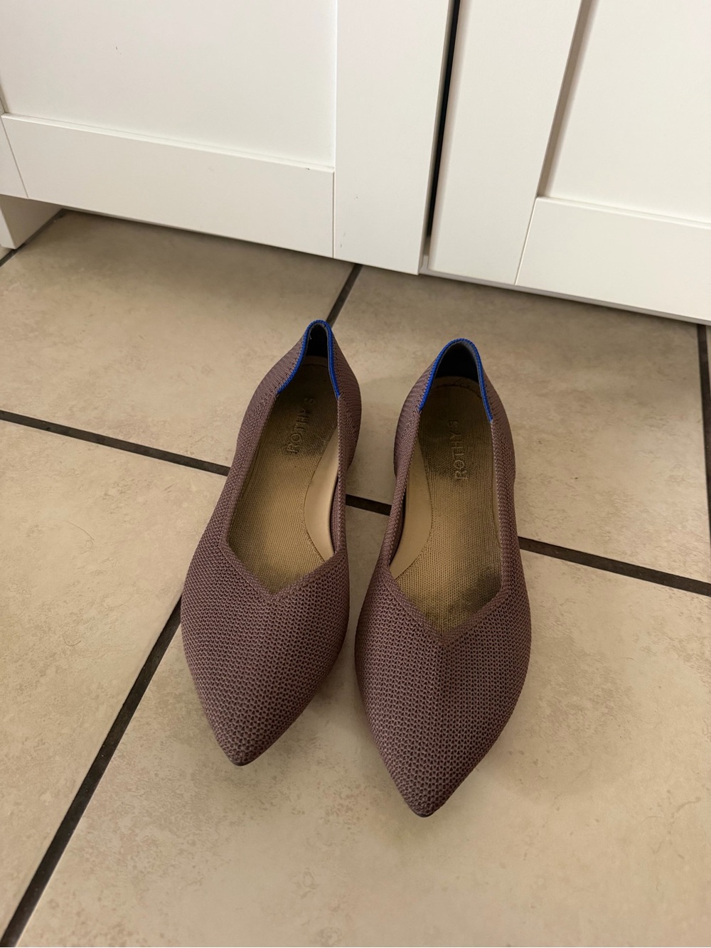 Rothy's Pointed Knit Flats in Mauve with Blue Trim